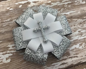 First Communion Hair Bow - First Communion Hair Clip -First Communion Hair Accessory  - Silver Glitter Hair Bow with Cross - 1st Communion