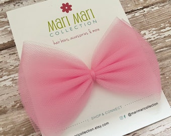 4” Pink Tulle Hair Bow Hair Clips - Little Girl Bow - Hair Clips for Girls - Cute Tulle Hair Bows - Big Girl Hair Bows - Hair Bow Hair Clip