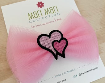 Pink Hearts Hair Bow - Double Hearts Pink Hair Bow - Cute Hair Bow for Girls - Tulle Hair Bows - 4” Tulle Hair Bows Clips - Heart Bow