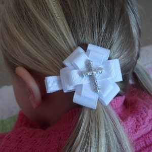 First Communion Hair Bow - First Communion Hair Clip - First Communion Hair Accessory - Glitter Cross Hair Bow - Small Cross White Hair Bow