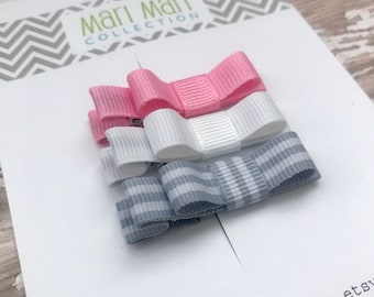 Baby Hair Clip Set: Pink, White & Gray Grosgrain Bows