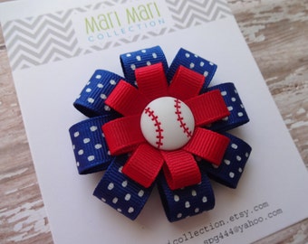 Baseball Hair Bow, Red Blue Hair Bow, Baseball Spirit Bow, Baseball Hair Clip, Baseball Hair Accessory,  Hair Bow, Cleveland Indians Bow