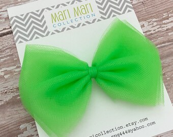 Neon Green Hair Bows - Neon Green Tulle Hair Bow Barrettes - Cute Tulle Hair Bows - 4” Tulle Hair Bows Clips -  Neon Green Tulle Hair Clips