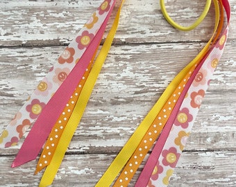 Retro Smiley Ribbon Hair Ponies - Girls Smiley Hair Tie - Smiley - Girls Cute Hair Accessory - Ribbon for Hair - Girls Hair Pony - Pink