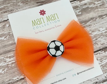 Soccer Tulle Hair Bow: 4-inch Girls Sports Bow