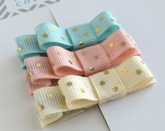 Pastel Baby Hair Clips: Gold Polka Dot Barrettes, Set of 3