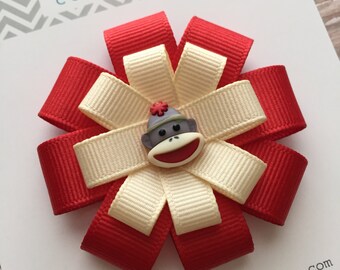 Sock Monkey Hair Clip: Red Grosgrain Ribbon Bow