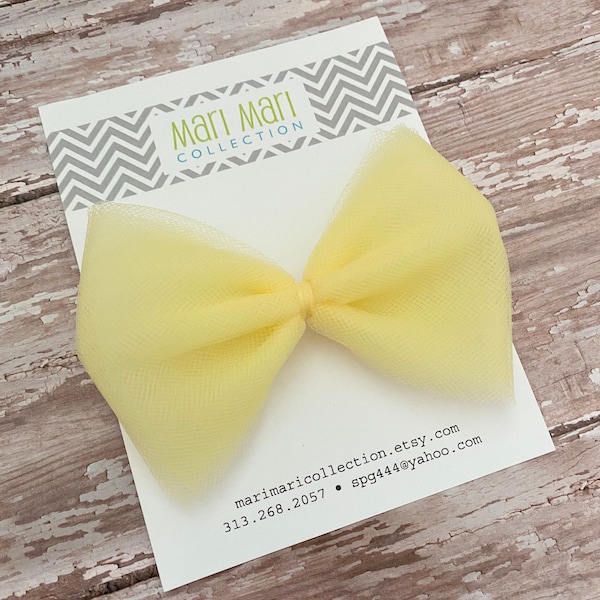 Pale Yellow Hair Bows- Light Yellow Tulle Hair Bow Barrettes - Cute Tulle Hair Bows - 4” Tulle Hair Bows Clips -  Yellow Tulle Hair Clips