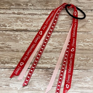 Valentine’s Day Ribbon Ponies - Valentine’s Day Hair Tie - Valentine Hair Accessory - Pink Hearts Hair Ponies - Valentine’s Day Hair