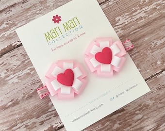 Valentine Hair Bow Set - Girls Valentine's Day Hair Accessory - Small Light Pink Heart Hair Clip - Valentine's Day- Heart Girls Hair Bow Set