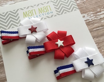 Set of 3 Mini Patriotic Hair Clips - Red White and Blue Hair Bow - Patriotic Hair Accessory - Stars Hair Clip - USA Hair Accessories