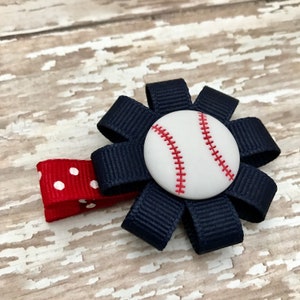Baseball Hair Clip: Navy Blue & Red Grosgrain Ribbon Bow