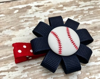 Baseball Hair Clip: Navy Blue & Red Grosgrain Ribbon Bow