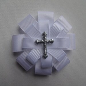 First Communion Hair Bow First Communion Hair Clip First Communion Hair Accessory Glitter Cross Hair Bow Large Cross White Hair Bow image 5