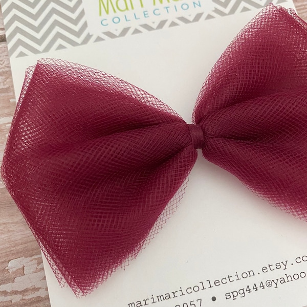 Burgundy Tulle Hair Bows- Burgundy Tulle Hair Bow Barrettes - Cute Tulle Hair Bows - 4” Tulle Hair Bows Clips -  Burgundy Tulle Hair Clips