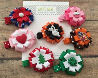 Holiday Hair Bow Set - 7 Holiday Bow Gift Set - Holiday Clip Set - Baby Shower Gift - Girl Christmas Gift - Hair Accessory - Holiday Bows