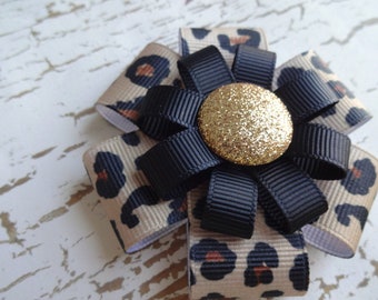 Leopard Hair Clip: Gold Glitter Grosgrain Ribbon Bow