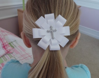 First Communion Hair Clip: White Grosgrain Bow with Glitter Cross