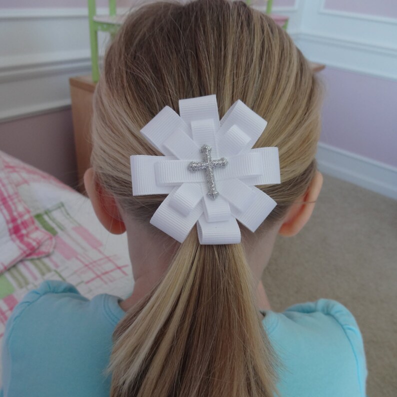 First Communion Hair Bow First Communion Hair Clip First Communion Hair Accessory Glitter Cross Hair Bow Large Cross White Hair Bow image 1