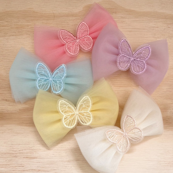 Butterfly Hair Bows- Pastel Butterfly Tulle Hair Bow Barrettes - Cute Easter Hair Bows - 4” Tulle Hair Bows Clips - Easter Hair Bows