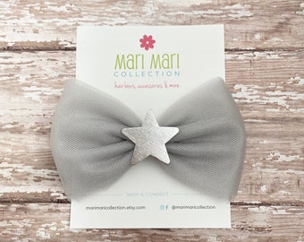 Silver Star Tulle Hair Bows- Silver Tulle Hair Bow Barrettes - Cute Tulle Hair Bows - 4” Tulle Hair Bows Clips -  Silver Tulle Hair Clips