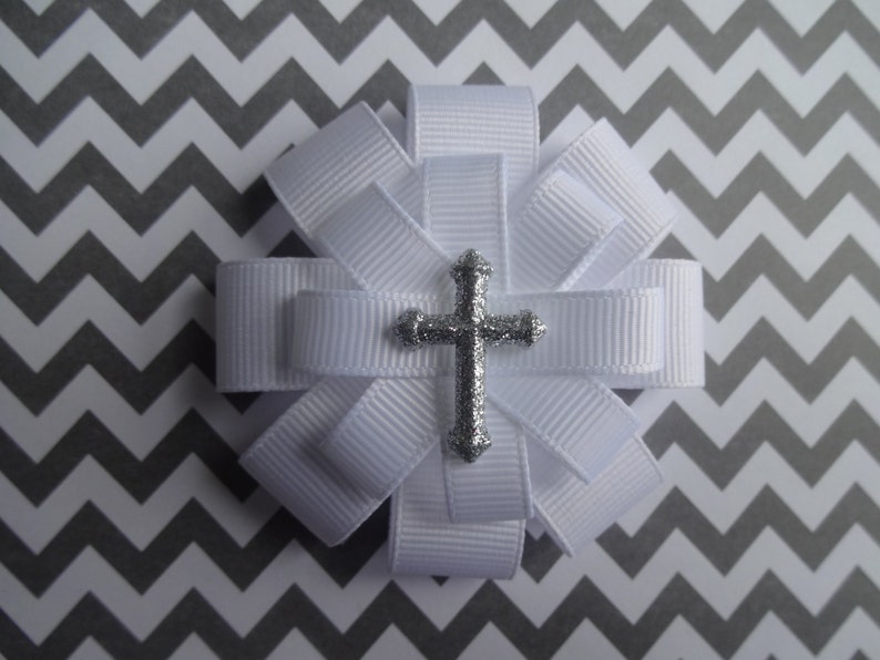 First Communion Hair Bow First Communion Hair Clip First Communion Hair Accessory Glitter Cross Hair Bow Large Cross White Hair Bow image 4