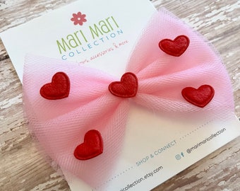 4” Valentines Heart Bows - Valentines Day Hair Clip - Hearts Hair Bow - Heart Hair Clip - Girls Valentines Hair Bow - Pink Valentines Bow