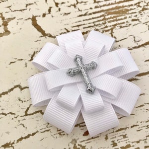 First Communion Hair Bow - First Communion Hair Clip - First Communion Hair Accessory - Glitter Cross Hair Bow - Large Cross White Hair Bow