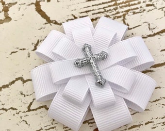 First Communion Hair Bow - First Communion Hair Clip - First Communion Hair Accessory - Glitter Cross Hair Bow - Large Cross White Hair Bow