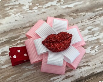 Valentine Kiss Hair Bow - Valentine's Day Hair Accessory - Small Lips Pink Hair Clip - Valentine's Day - Lips Bow - Heart Accessory - Kiss
