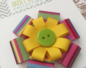 Easter Hair Bow, Spring Striped Hair Bow, Spring Hair Clip, Spring Hair Accessory, Girls Easter Hair Bow, Striped Hair Bow Lime Green Button