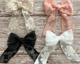 Lace Hair Bow Clip: Floral Double Loop Bow - Women & Girls