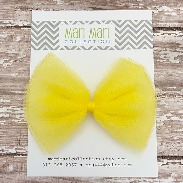 Yellow Tulle Hair Bows- Yellow Tulle Hair Bow Barrettes - Cute Tulle Hair Bows - 4” Tulle Hair Bows Clips - Yellow Tulle Hair Clips