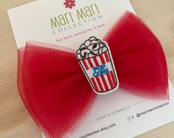 Popcorn Red Hair Bow - Movie Lover Hair Bow - Cute Hair Bow for Girls - Tulle Hair Bows - 4” Tulle Hair Bows Clips - Popcorn Bow