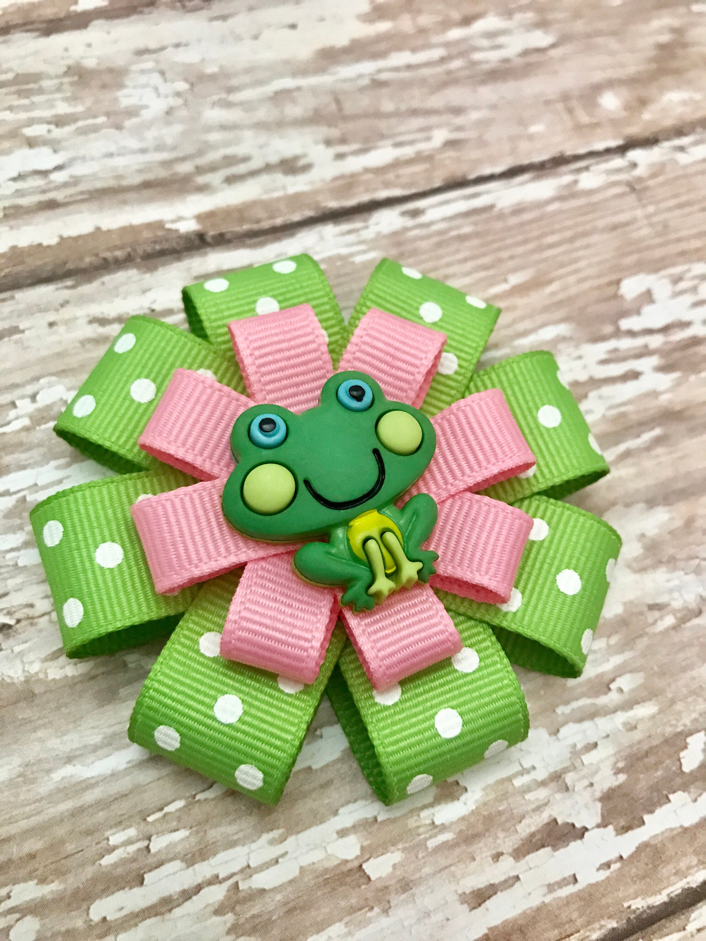 Frog Hair Clip: Pink & Green Polka Dot Bow