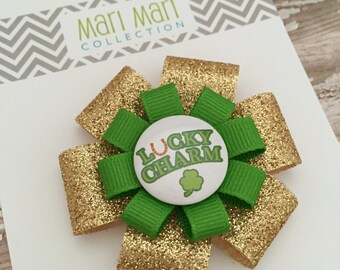 St. Patrick's Day Hair Bow - Lucky Charm Shamrock - Shamrock Glitter Hair Bow Clip - St. Patty's Hair Accessory - Green Shamrock Bow