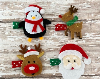 Set of 4 Christmas Felt Hair Clips - Reindeer Hair Clip - Penguin Hair Clip - Santa Hair Clip - Christmas Hair Clips Set