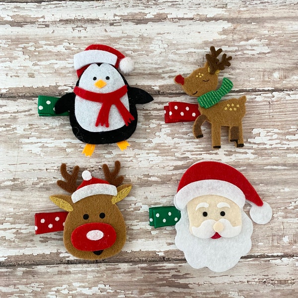 Set of 4 Christmas Felt Hair Clips - Reindeer Hair Clip - Penguin Hair Clip - Santa Hair Clip - Christmas Hair Clips Set