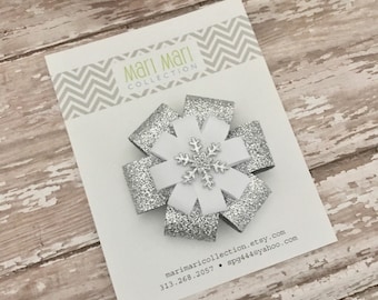Silver Glitter Snowflake Hair Bow: Chevron Holiday Clip