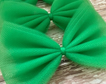 Cute Green Hair Bow - 4” Green Tulle Hair Bow Hair Clips - Hair Bows for Girls - Tulle Hair Bow - Big Girl Hair Bows - Hair Bow Hair Clip