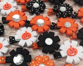 Halloween Hair Clip: Grosgrain Ribbon Flower, Baby Barrettes