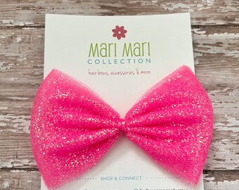 Pink Glitter Tulle Hair Bows- Pink Glitter Tulle Hair Bow Barrettes - Bright Pink Hair Bows - 4” Tulle Hair Bows Clips - Tulle Bow
