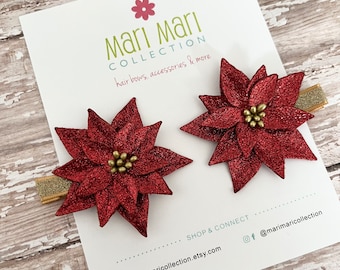 Handmade Glitter Poinsettia Hair Clip Set: Christmas Bows