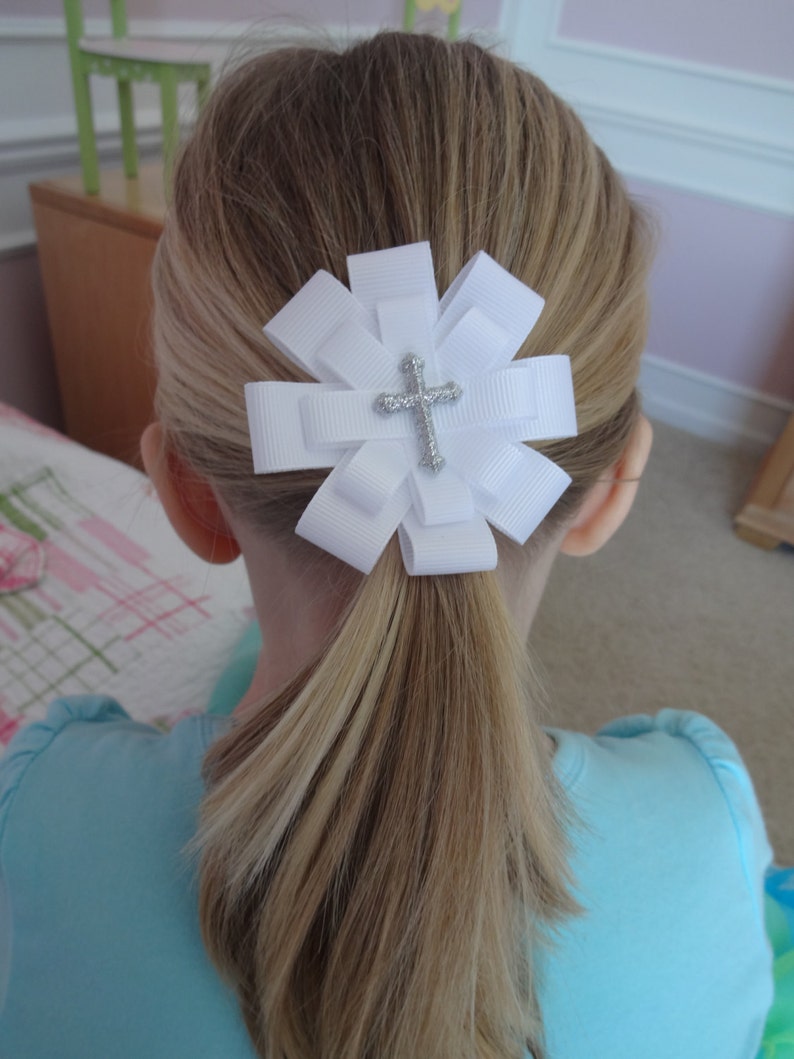 First Communion Hair Bow First Communion Hair Clip First Communion Hair Accessory Glitter Cross Hair Bow Large Cross White Hair Bow image 3