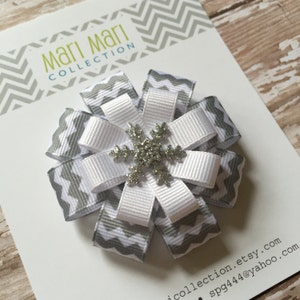 Chevron Snowflake Hair Bow: Silver Glitter Holiday Clip
