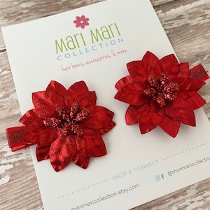 Poinsettia Christmas Hair Clips - Small Christmas Bows - Poinsettia Hair Clip Set - Metallic Red Poinsettia Hair Clips - Christmas Bows