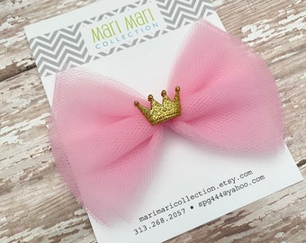 Gold Crown Birthday Hair Bow - First Birthday Bow - Pink Birthday Hair Bow - Birthday Hair Bow - Boutique Bow - 4" Tulle Hair Bow