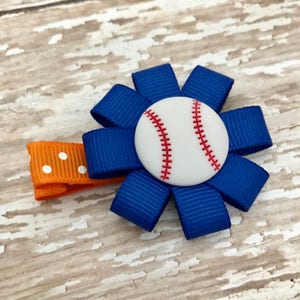 Baseball Hair Clip: Blue & Orange Grosgrain Ribbon Bow