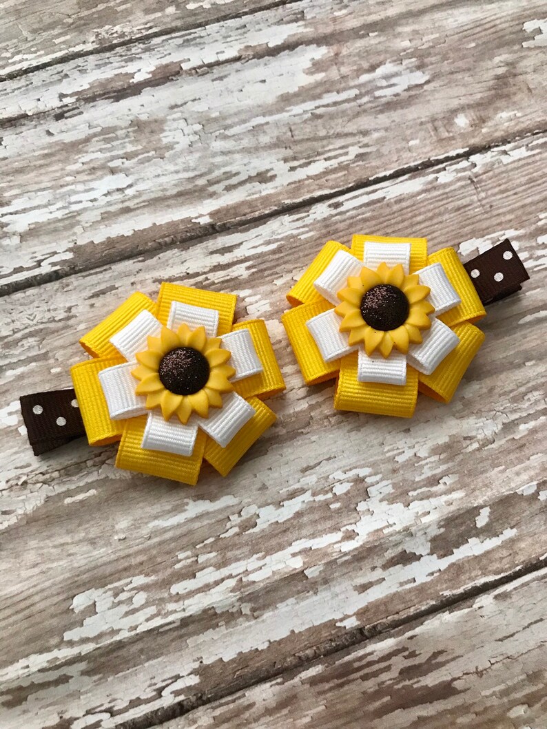 Sunflower Hair Bow Clip Set Sunflower Hair Bow Set Girls Etsy