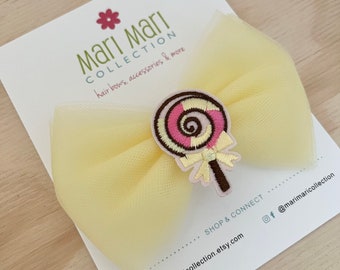 Lollipop Hair Bow - Pale Yellow Lollipop Hair Bow - Cute Hair Bow for Girls - Tulle Hair Bows - 4” Tulle Hair Bows Clips - Lollipop